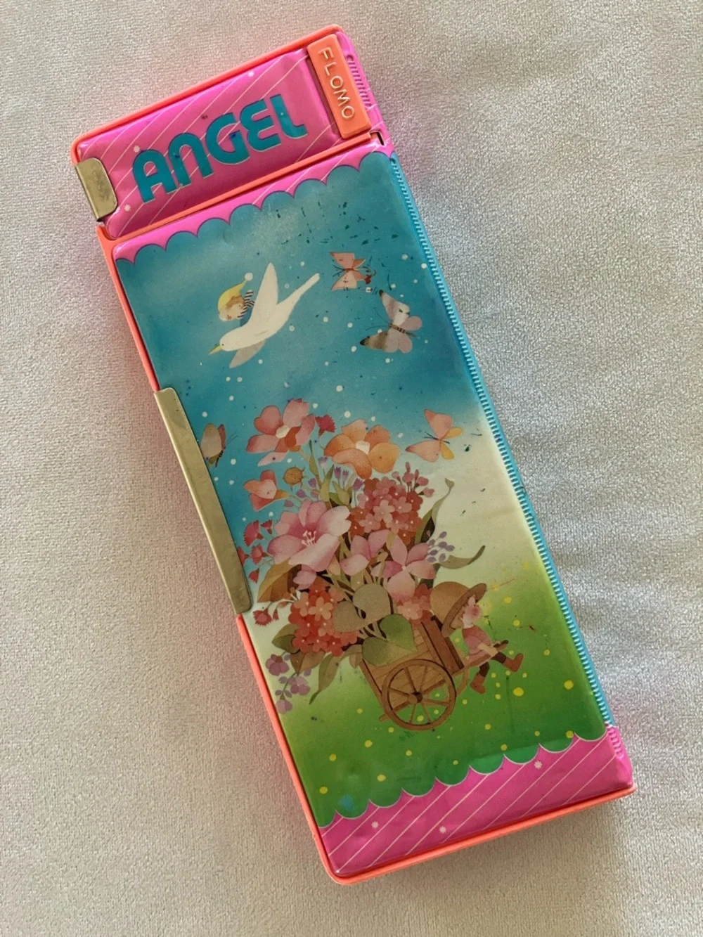 Vintage Japan Flomo Angel Floral Pink & Yellow Pencil Case